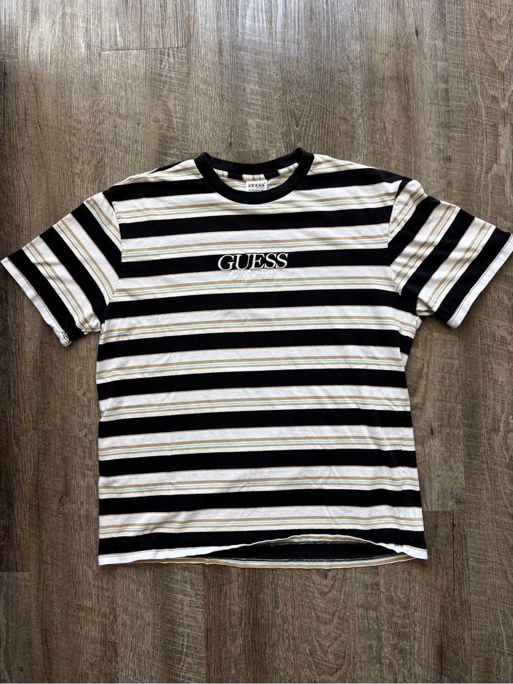 GUESS Black, White & Cream Striped Logo Tee